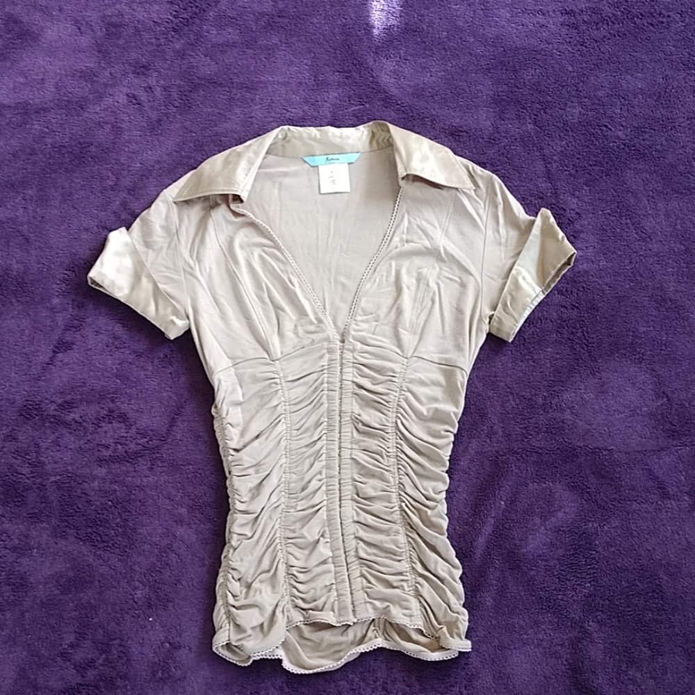 Camel colored deep V-neck eye hook corset T-shirt